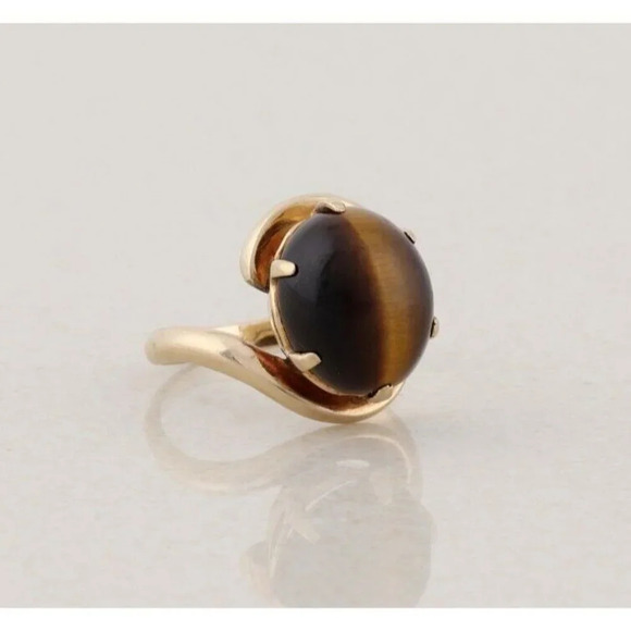 14k Yellow Gold Natural Tigers Eye Ring Size 7 1/2 - Picture 3 of 9